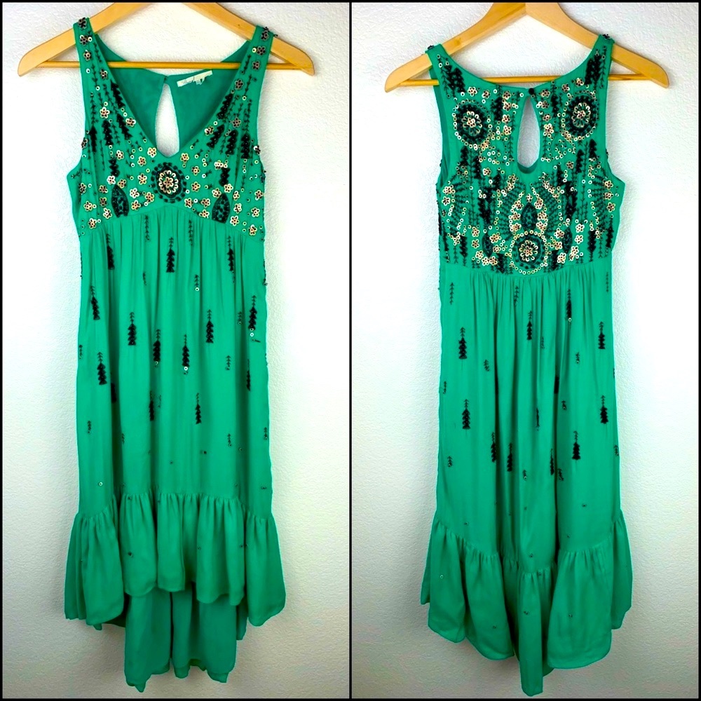 Anthro Floreat Embroidered Sequin High Low Ruffle Midi Dress - Picture 5 of 9
